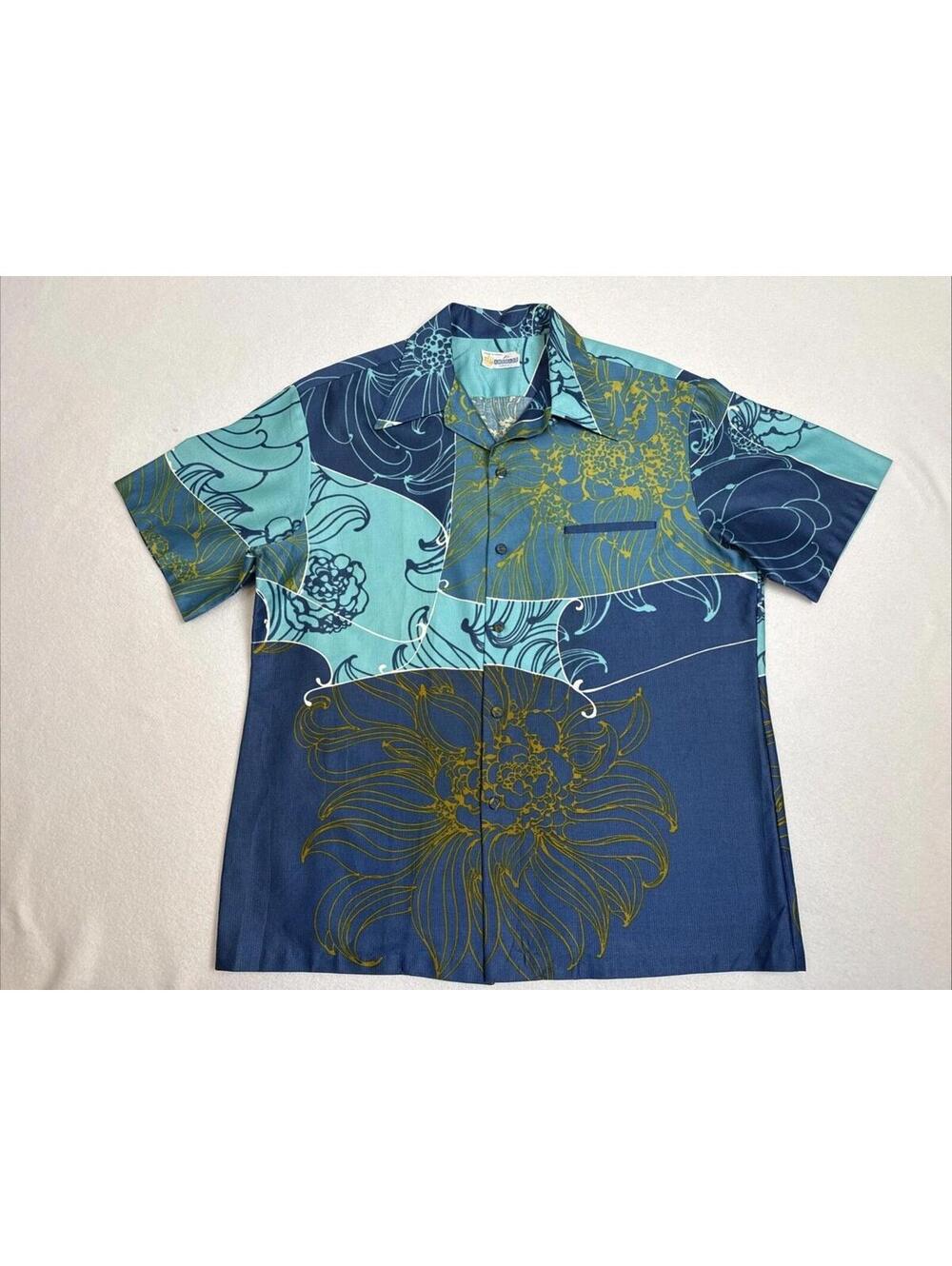 Vintage 60s Andrade Hawaiian Shirt Men's XL Blue Floral Barkcloth Made in USA